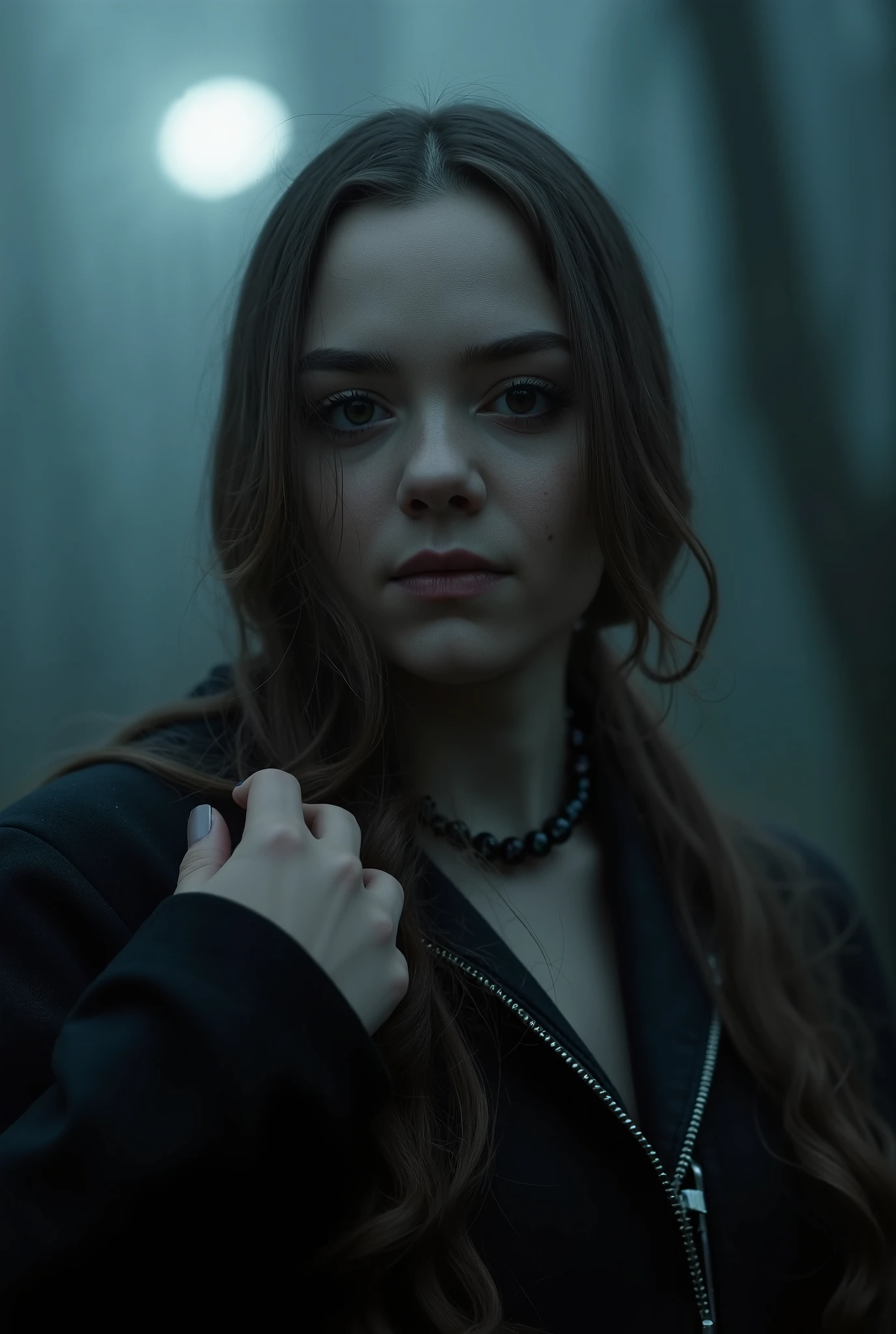 high detailed picture, realistic style, masterpiece, look at you, dynamic pose, dynamic angle, smug, seductive, a ghostly, aesthetic nightmare, young girl, detailed face, melancholic expression, dark smoky atmosphere, moody lighting, intricate details, cinematic composition, dark fantasy, accurate hands, naked jacket, pale small areola, surreal, digital art, rounded face, perfect flat breast, look at you, glasses, brown eyes, short hair, light brown hair, straight hair