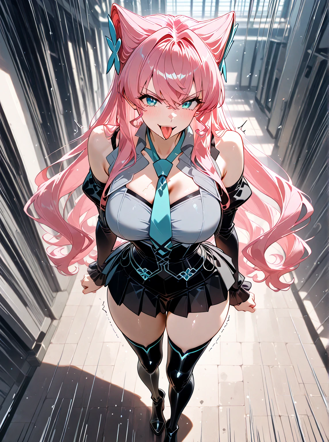 Happy young girl, with wolf ears and pink hair, holding her cheeks, wolf tail, wearing a latex dress, looking at veiwer, full body, you can see her chest, naked breasts