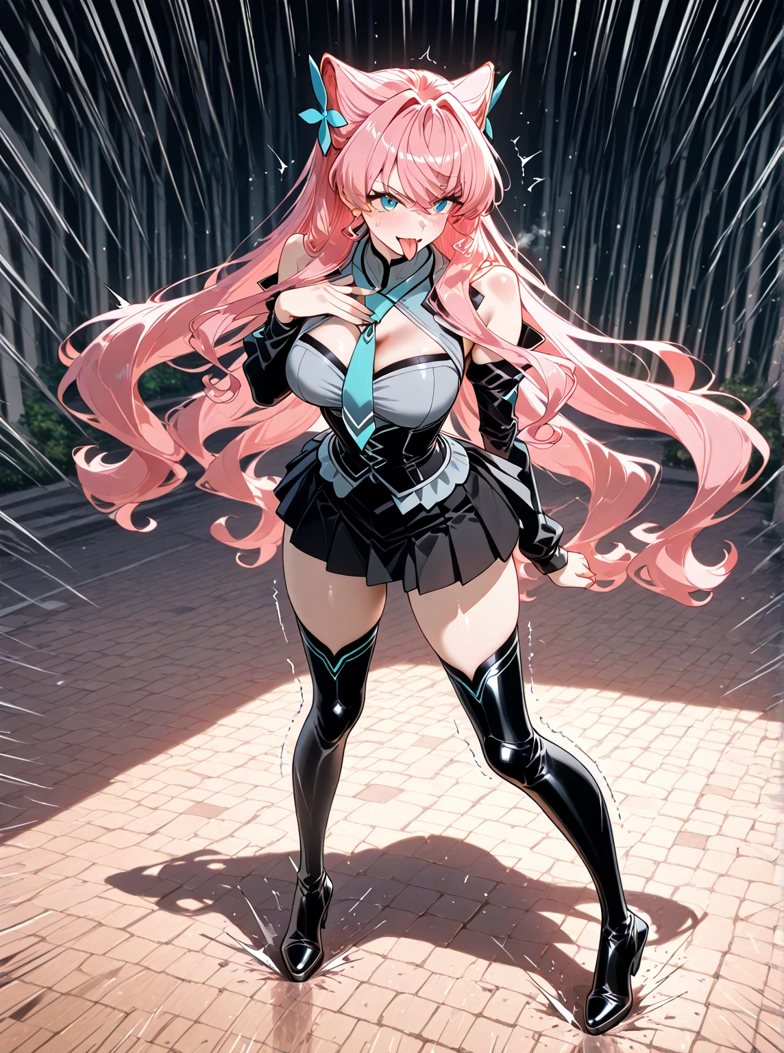 Mitsuri in demon slayer anime, 1woman, wearing a wet dress, at rain, rainy day, wet transparent outfit, mitsuri's hair style, 8k, high detailed, high quality