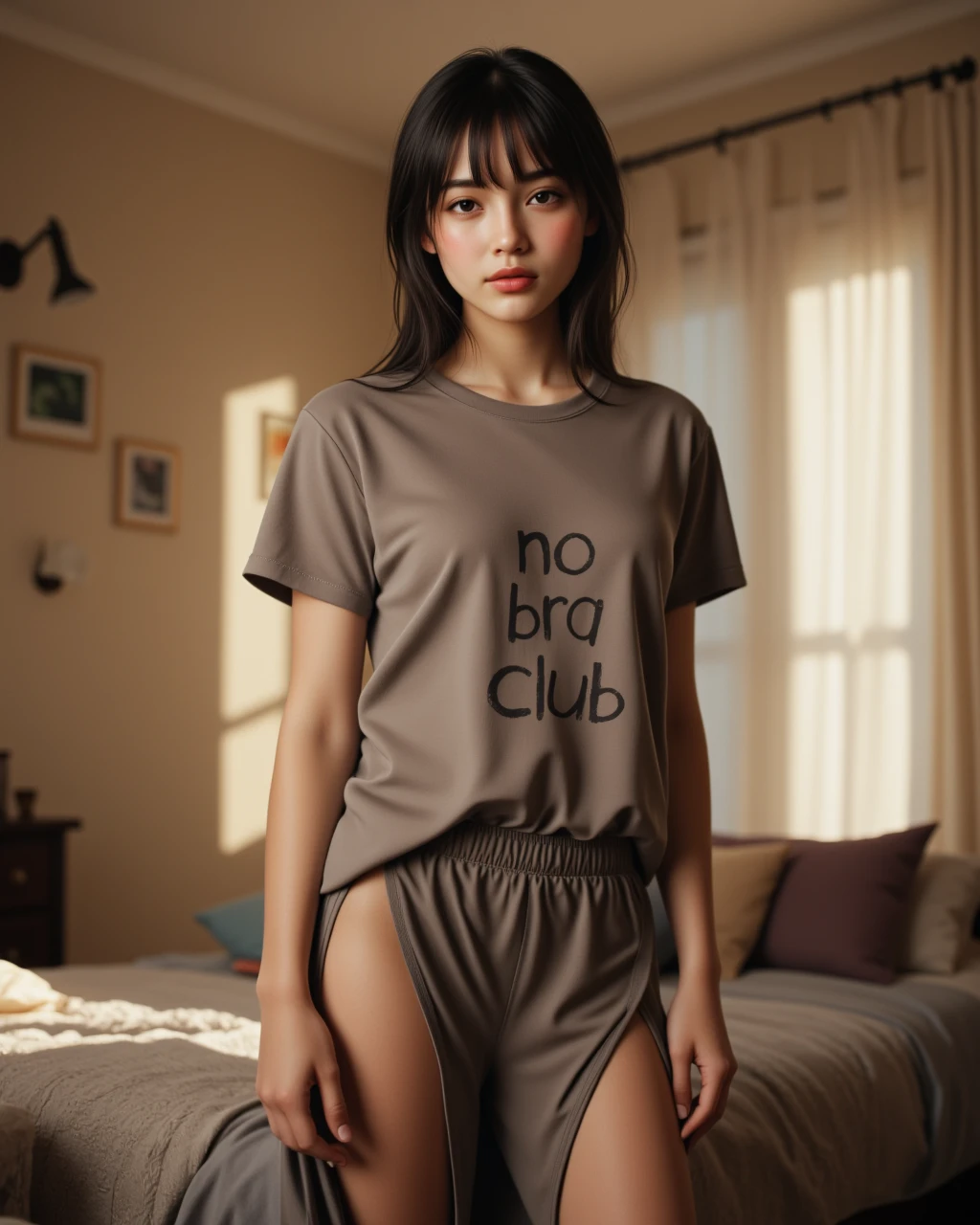 ((best quality)), ((masterpiece)), (detailed),(very cute), 1girl, short messy brown hair, glasses, brown eyes, small waist, big thighs, short black hoodie, no underwear, no blur