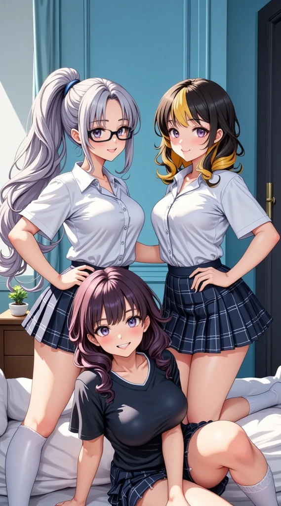  (masterpiece,  computer, mejor quality,  Clear focus, shadow, anime style, Ultra-High Resolution, 8K, perfect anatomy, rostro perfecto, (detailed face), (  Detailed eye  ), score_9, score_8_up, score_7_up, score_6_up, score_5_up, score_4_up,  source _animated, Label 1, Label2, quality_masterpiece, anatomically correct, beautiful face, rostro perfecto, Beautiful and highly detailed face and eyes, Attractive face, detailed face, delicate facial features, detailed leather, Huge Breasts, breast size cup D or DD, wide hips, gigantic butt, thick thighs. Anime-style illustration of three young women, Stylized. Two of them are standing, dressed in school uniforms: white blouses tied at the waist and plaid red and black plaid skirts. One of the girls has light gray hair tied in a high bun and wears glasses; the other has dark brown hair with a lock curly yellow, also wearing glasses. Both seem to be hugging each other. The girl standing with gray hair is holding her hair. The third girl is lying on a bed with pink sheets, dressed in a shiny and sexy black dress that looks like leather or patent leather, and a plaid skirt similar to those of the other two underneath. She wears white stockings with ruffles at the ankles. 

The background is an elegant interior, with a light blue wall and a detail of molding on the wall. There is a suggestion of a classic-style piece of furniture in the corner.