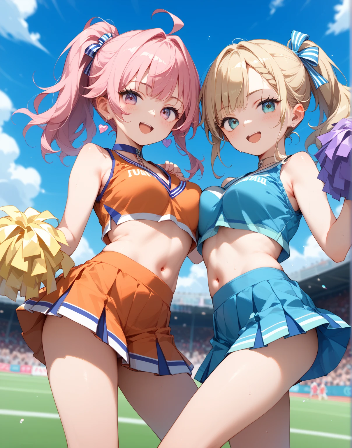 Short Hair、Pink Hair、Twin tails,Detailed sparkly eyes、Peach eyes,A radiant smile,、shine、reflected light、Film Grain、masterpiece、Textured Skin、Super Detail、High Detail、high quality、最high quality、High Resolution、16k、shine,Cheerleader,cheer leading,Underskirt,blue sky,,,