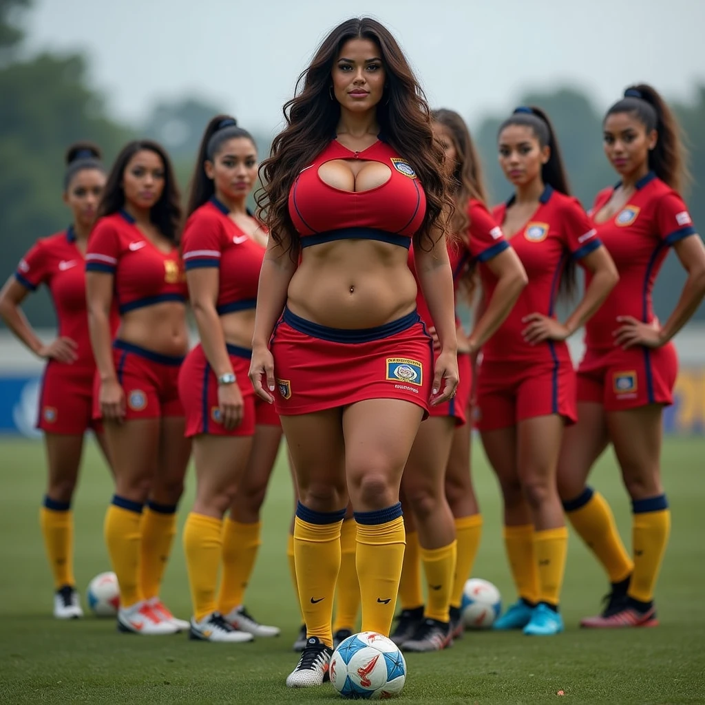 Gorgeous 20-year olds, soccer team standing together, four or 5 diverse looking girls, Latina girls, black girls, asian girls, Indian girls, Nordic girls, at a crowded soccer stadium, completely nude, pubic hair, shot from behind on the turf field, not facing camera, people looking at them, butts, derrieres, very sexy, full body, mood lighting, ultra-realistic, hyper-realistic, ultra-detailed, hyper-detailed, 35mm F/28, hyper-detailed full body shot of a woman, nice face, smile, sexy body, smile, aesthetic body, rich colors, face focused, 8K, HD Crisp Upscale, realistic lying, RAW photography, best quality: 1.4, No dark background , Beautiful details eye, cleavage , thick thighs, nice hips, long hair, High-detailed, perfectly located eyes, perfect eyes, photographed on a Canon EOS R5