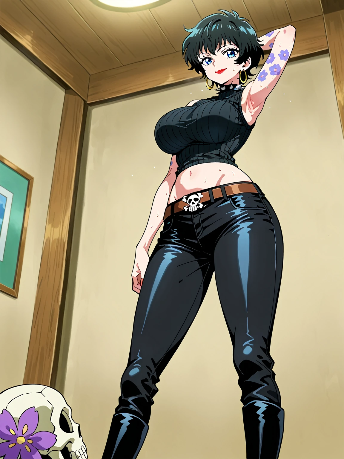 best quality,masterpiece,from_below,looking_at_viewer,looking_down,Master piece,extremely detailed CG unity 8k,cinemic lighting,
short_denim_chew,((black hair)),short hair,hair over one eye,blue eyes,1girl,denim_shorts,thong,(black tank top with pokies),lips,smile,puffy skin,light skin,
cowboy shot,looking at viewer,shamare,jumping,((dynamic pose)),looking_at_viewer, huge_breasts, huge ass,curvy,thick thighs,ass focus,blush,
<lora:dim32Nai258each_chewNoDelTags-000006:1>,
((mature female)),  
sitting,((from back)),chair,sit on chair,spread legs, <lora:mato_butcha_6660:0.8>
