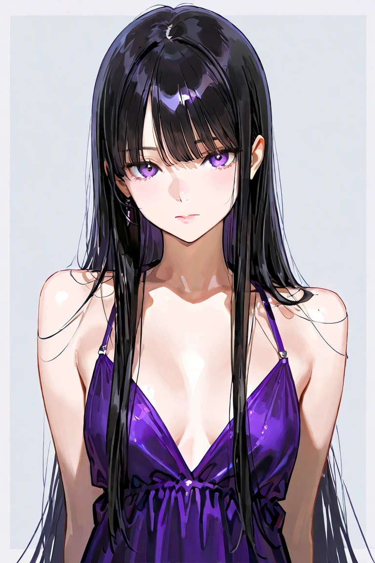 A girl with smooth black hair,inner colored hair(purple),golden eyes, fair skin tone, slender and athletic built, bikini, detailed hair, detailed body, best quality, aesthetic,8k,realistic