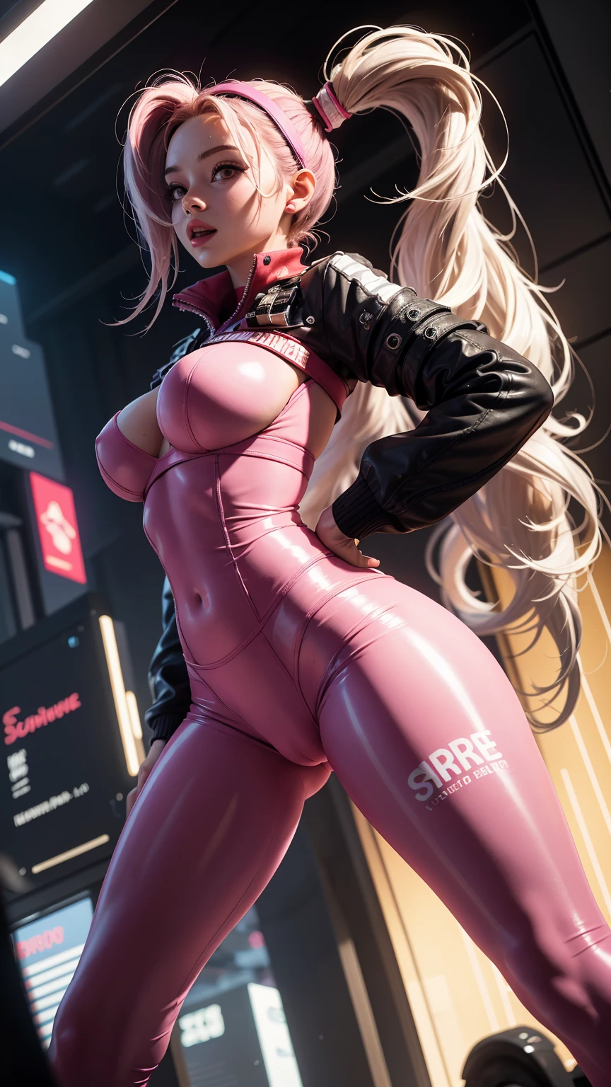 ((Zero Two Darling en el Franxx)), 8k, Obra maestra, La mejor calidad, fotorrealista, Ultra detallado, 1 girl, textura realista de la piel, Mini short black latex skirt, Showing the to the camera, pechos grandes, rosa perfecto , Las manos de los hombres agarran sus pechos mientras ella baila entre los penes