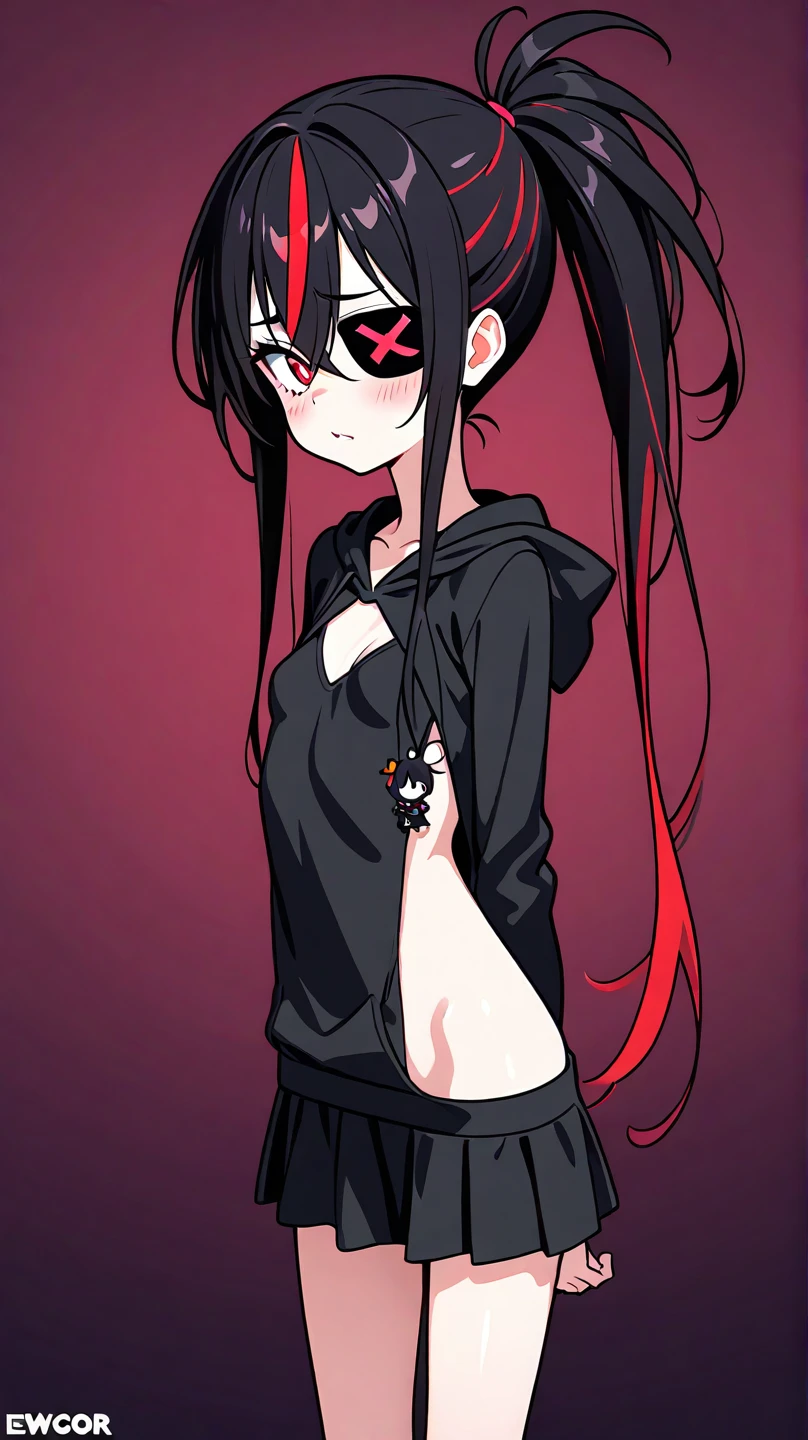 ((best quality: 0.8)), ((masterpiece)), (detailed), 1girl, Beautiful face, long brown wavy hair, short black dress with long sleeves, black and gray striped socks, black boots, vibrant red eyes, fair skin, skull tattoo, beautiful smile, cute, gray background.