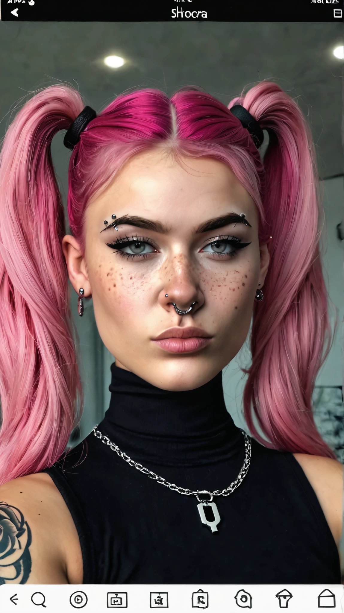 As if coming out of a broken cell phone screen, creates a portrait in the foreground of a young rebel de with deep pink hair, disheveled and collected in two pigtails. His skin is full of marked freckles and has winged black lines. It has several facial piercings (ring on the septum, nose ring, eyebrow ring), large dilations in the ears with hanging jewels in the shape of a key. He smokes a cigarette with a defiant and confident expression. She wears a sleeveless black turtleneck top and has visible tattoos on The arm. Background with cloudy sky, soft natural light. textura de piel realista, cinematic atmosphere, marked attitude.