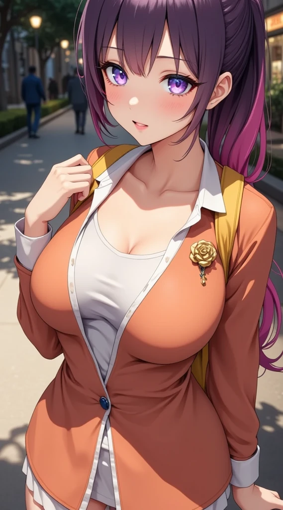 (masterpiece, computer, mejor quality, Clear focus, shadow, anime style, Ultra-High Resolution, 8K, perfect anatomy, rostro perfecto, (detailed face), ( Detailed eye ), score_9, score_8_up, score_7_up, score_6_up, score_5_up, score_4_up, source _animated, Label 1, Label2, quality_masterpiece, anatomically correct, beautiful face, rostro perfecto, Beautiful and highly detailed face and eyes, Attractive face, detailed face, delicate facial features, detailed leather, Huge Breasts, breast size cup D or DD, wide hips, gigantic butt, thick thighs. Anime-style illustration of a beautiful woman with an elegant and sensual look with long hair, straight and tied in a high ponytail, with a color gradient from dark purple to fuchsia. She has big, bright eyes in violet tones with blue sparkles, shy expression and blushed cheeks. She is dressed in a sports suit: orange fitted jacket with white details, partially open to show a white t-shirt underneath. She is carrying a yellow backpack over one shoulder and a golden rose brooch on her jacket. The setting is a street at dusk with trees and dim streetlights. modern anime style, Bright colors, shadows suaves, natural night lighting.