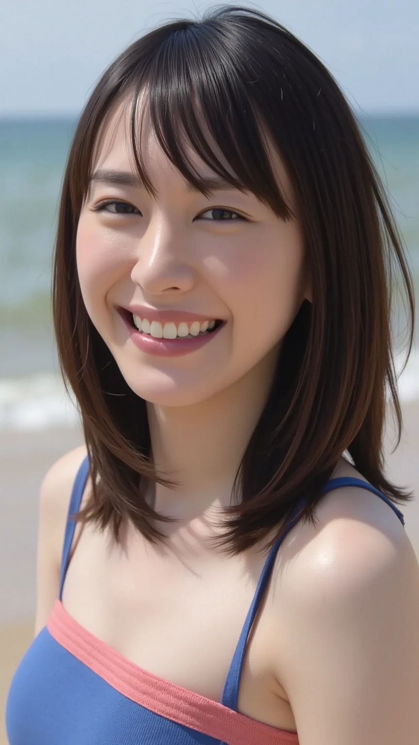 ((Highest quality)), ((8k)), ((masterpiece: 1.3)), (Perfect appearance), (Photorealism: 1.6), (One woman standing), (A sandy beach lit by the dazzling morning sun), (The sea sparkling in the morning sun), (Calm sea without waves), (TI), (Completely nakedの女性: 1.6), (Blurred Background: 1.8), (Japanese female 1 person: 1.6), 36 years old, ((Realistic skin texture)), (Fine wrinkles appear all over the skin: 0.8), (Dullness: 1.1), (Moisturized Skin: 1.2) , (Facial wrinkles: 0.9), (Wrinkles around the eyes: 1.2), double eyelid, Lower eyelid tear sulcus, Eyes on you, Serious expression, (Dimples: 1.2), Short bangs, (Long Wavy Hair: 1.2), (Messy Hair), (Hair blowing violently in the wind: 1.4), Laugh with the corners of your mouth turned up, Completely naked, (Armpit Hair), (Small breasts), (Saggy breasts), (Flaky, saggy breasts), (Small areola), (Ungroomed pubic hair), barefoot, (Focus on the upper body: 1.4),