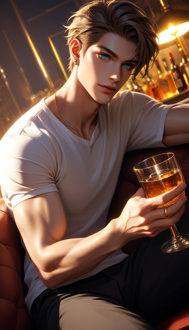 Lucifer human form young lean body no wings laying down on couch in room relaxing a bit sad with a glass of whiskey in hand and with a whole bar in room and table with a whiskey glass and snacks.Guitar beside me on couch shirtless with jeans .