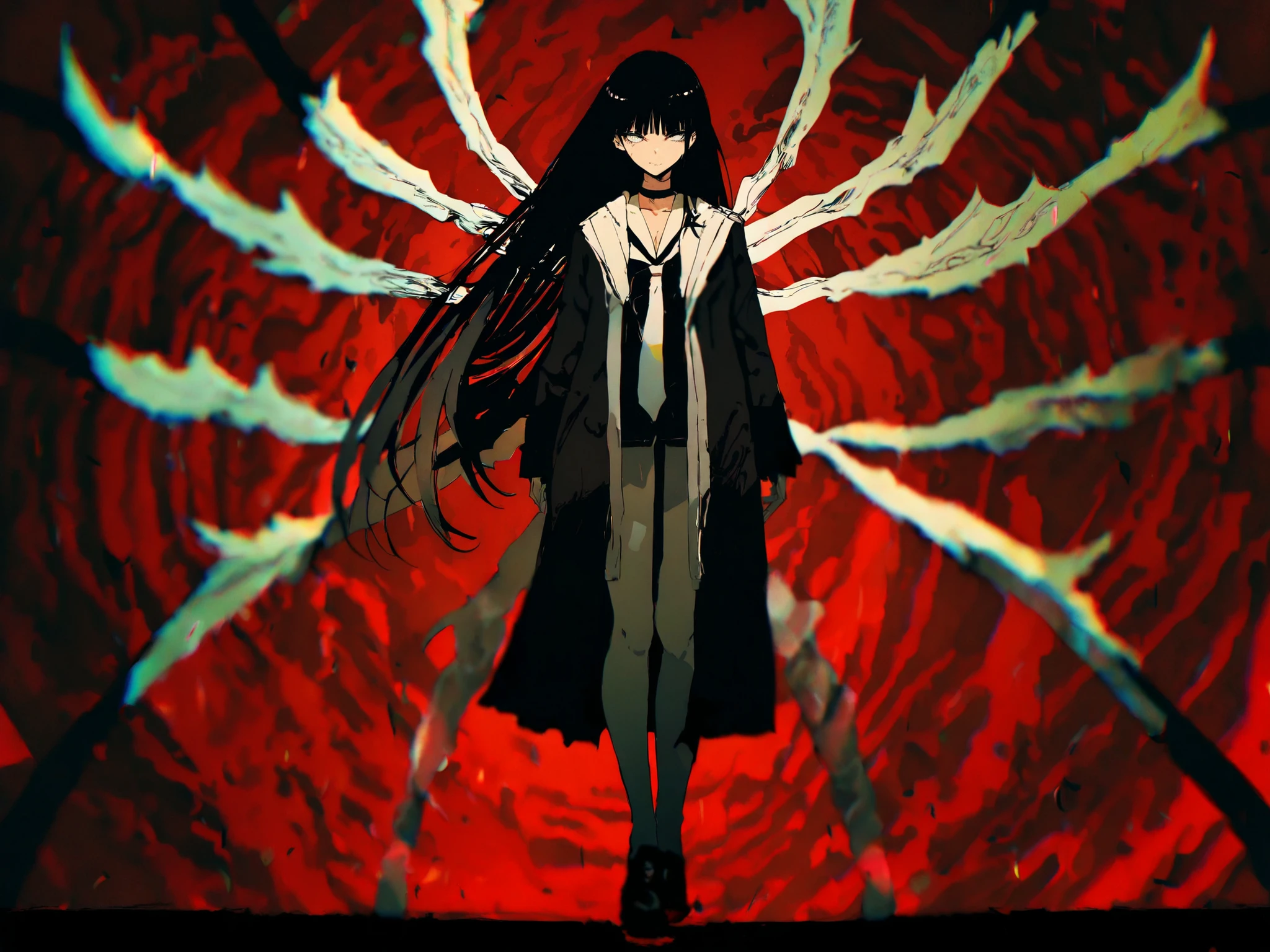 by washiya0, masterpiece, high score, great score, absurdres,
a full body girl,black hair, white eyes, scar on the face, white tie,black choker, falda negra, dark_theme,detailed eyes,tall white stockings,moccasins, lily spider, abstract background, distressed jacket, blurry edges, chromatic aberration, abstract background,viento , red background, white flames , detailed fingers ,
,blurry edges, Film grain,about_up,chromatic aberration, depth of field,