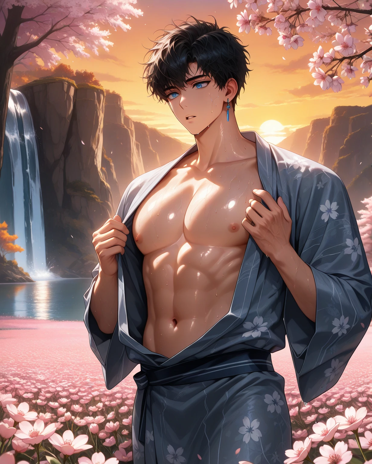 Best quality, masterpiece, ultra high res, detailed background, solo, male, onsen, towel