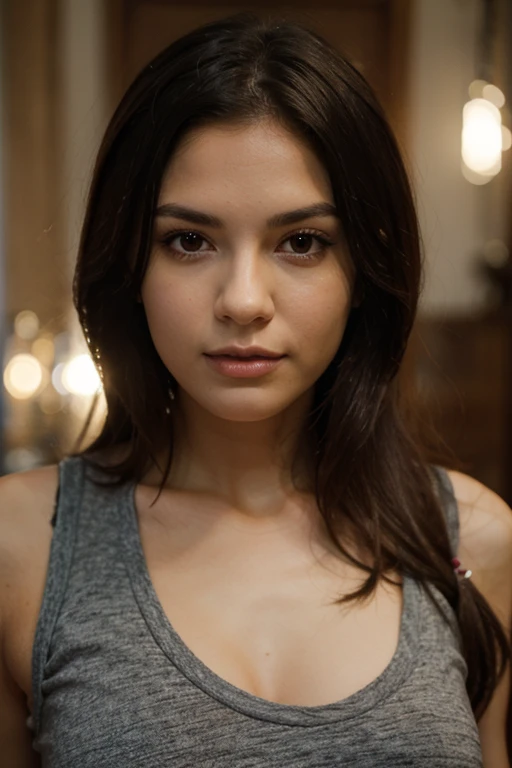 Photography of a woman, beautiful gorgeous face, ((close body)), (wearing no  ), cute, ((dark brown iris)), perfect body, cinematic lighting, bokeh, 8k, uhd, soft shadows, masterpiece, (very detailed face lips eyes), round medium , long brunette hair, high ponytail, ((extremely proportion)), ((hyper detailed)), ((photorealistic)), ((absolutely gorgeous face)), (promoting hard study) studing with transparent glass table 