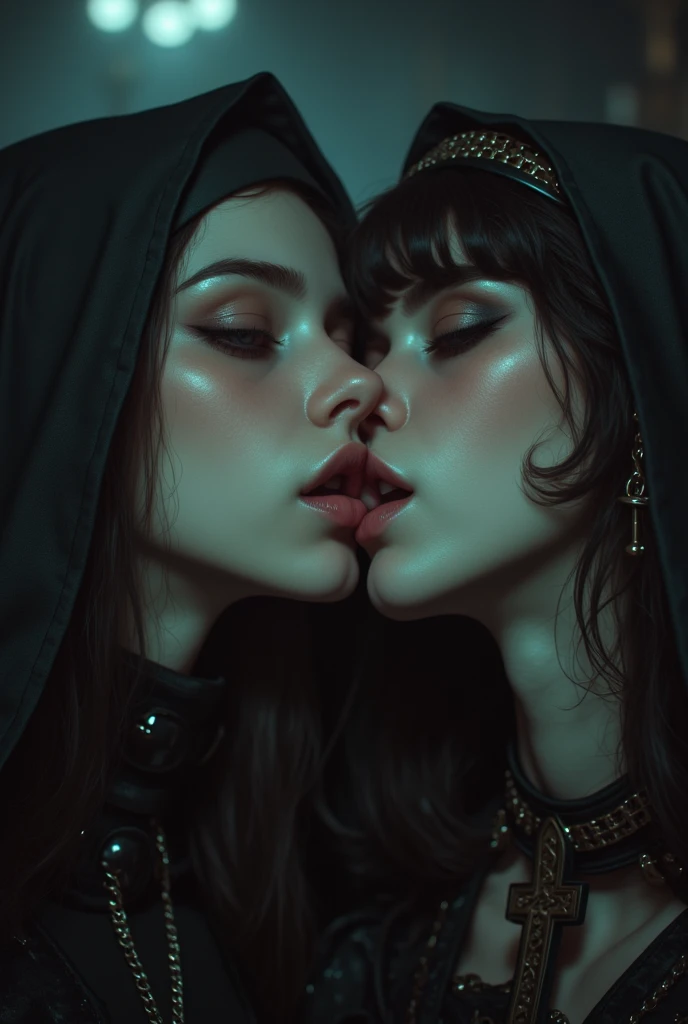 two women dj nun kissing on the mouth while playing a dj controller, dark, horror, red tones, gothic church in the background with vampires dancing behind her, ultra realistic, horror movie lighting, scary, chaos, neon lights in the background, realistic, dark, huge breast, vampires, short nun and leather clothing, skin with ultra realistic texture, Fujifilm Fujichrome Provia 100F movie,  flashlight, ultra realistic, 8K UHD. --auto --s2