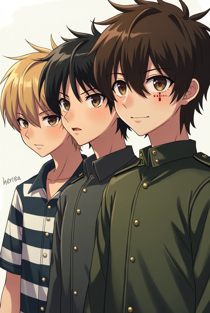Three people standing side by side, standing, legs straight, tummy, head up and chest, leaning forward, arms raised, fist, stride pose, eyes looking ahead, camouflage cap, multiplayer, student, camouflage uniform, college student, campus, anime, super detail, high quality, high quality, high detail, award-winning, best quality, high resolution, UHD, masterpiece, retina, ccurate, anatomically correct, textured skin, three people, 3 girls, best quality, highest detail, legs together, correct anatomy, Good composition, military posture, sides, neat and unified posture