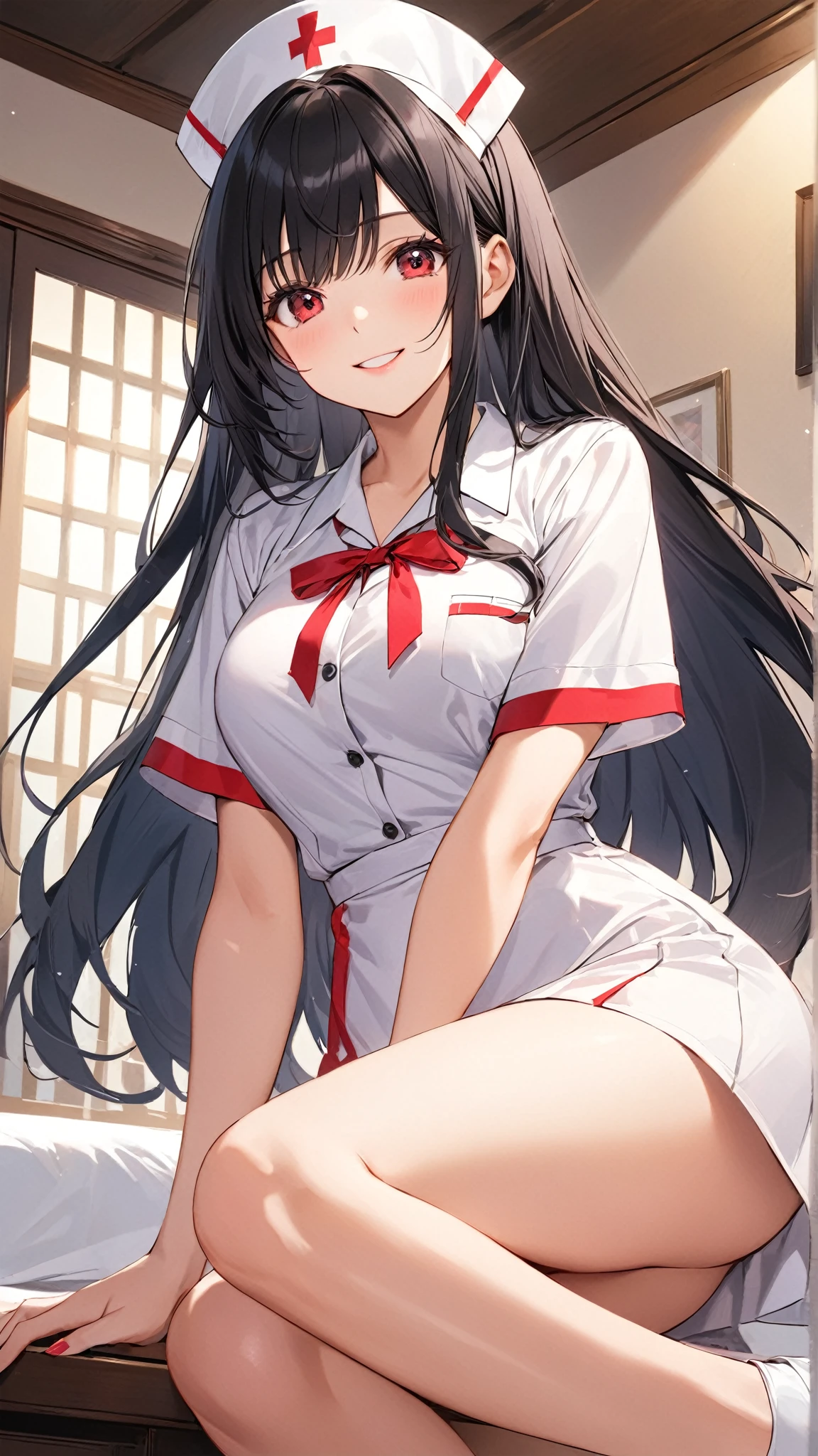 masterpiece, 1nurse, (female masturbation, masturbation through clothes, fingering:1.2) solo, hospital, long black hair, short skirt, skirt lift panties, panties, hand under shirt, standing, beatiful smile, from below