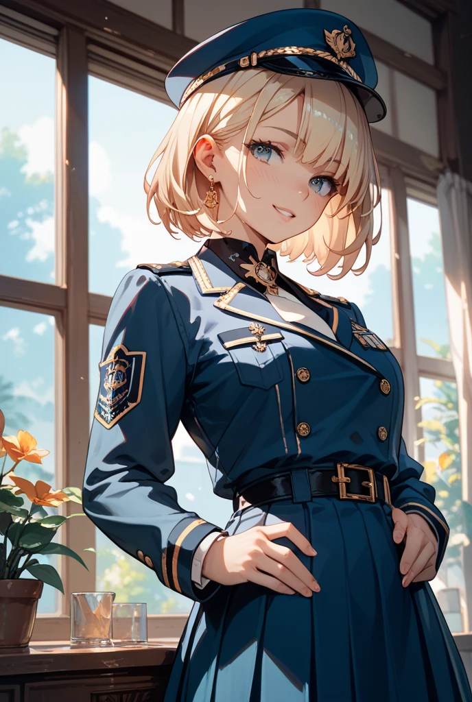 Yellow very short hair、Orange Eyes、Girl、Black combat uniform、smile