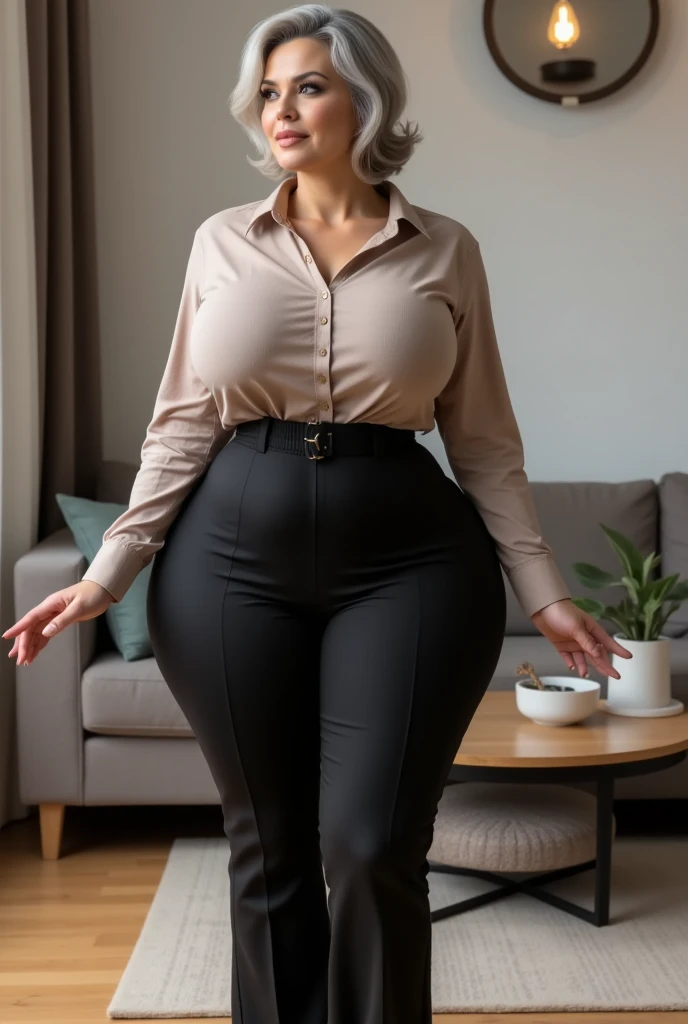 pretty latina milf, girl dressed silk white shirt, busty, downblouse, busty, satin, satin pants black leather, leather pants