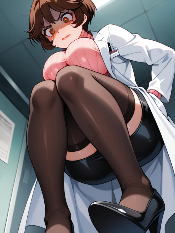 (defa21, glasses, naked, nude, labcoat, black pantyhose, asymmetrical boots,blue eyes, Pelo castaño, desnuda, pantimedias negras, botas asimétricas, pussy, bedroom, cama, bed, nsfw, +18, masturbation, dildo, ((pecho enorme,pechos grandes:1.1)), Open_Lingerie,wearing Open_Lingerie,