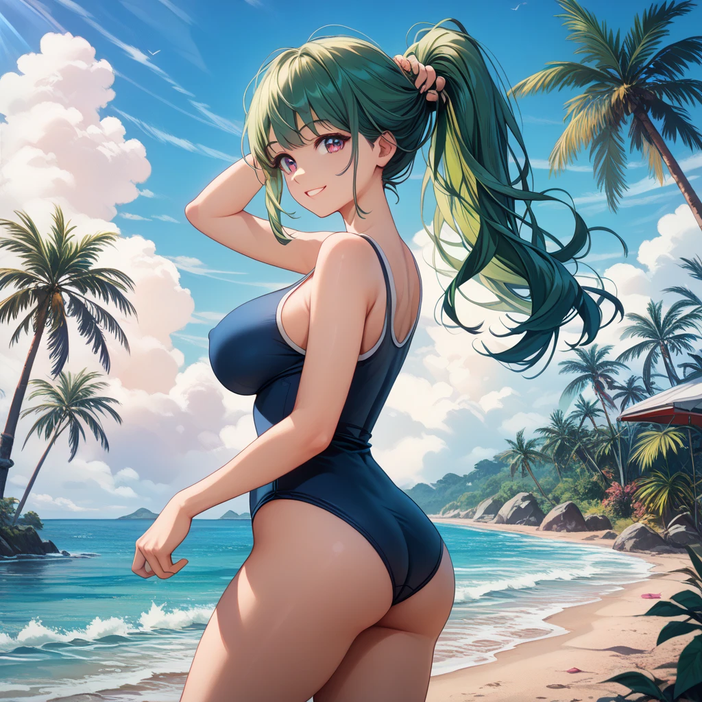 Code Geass, C.C, 1girl, ((())), long green hair, yellow eyes, ear rings, puffys, painted lips, thick lips, wide hips, thick thighs, small breast, hs, revealing avage, erotic, e, bubble camel toblack bikini, ass ng, lok, legs posing, walking, ch, soft ass,