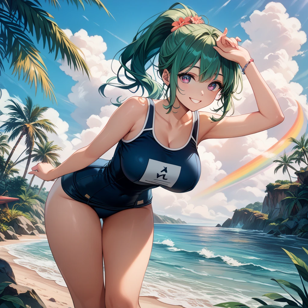((top quality, 8 K, masterpiece: 1.3,ultra detail)) Girls Two (Playing Volleyball on the Beach,sand, Splashing water,sea,beautiful view,bright colors,fun,smiles,l ong green hair, Beautiful slim figure,Swimwear)A warm summer day, Solar,Vibrant and Breathtaking Views.