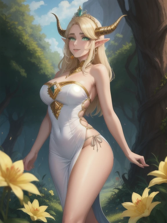 illustration, masterpiece of a tiny, beautiful curvy woman, antlers, short icy white hair, wide hips, large cute , bimbo, seductive, bent over, facing away, in a forest, dappled sunlight, detailed background, best quality,