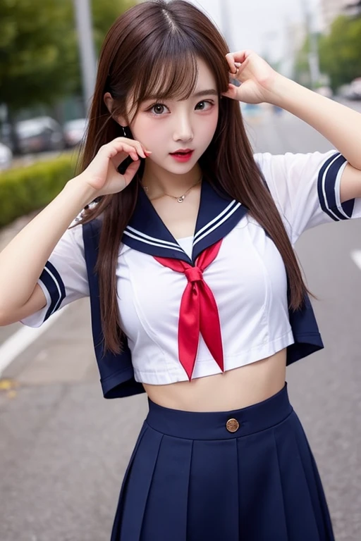 (Very delicate and beautiful:1.2)super model,,Big Breasts,Beautiful breasts,voluptuous,【bike shorts】,,【3girls】,,highest quality, High resolution, 8K,Sailor suit,Kick in a hurry