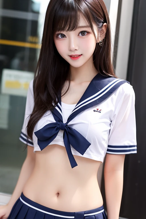highest quality、、high school girl 、very cute、((Large Breasts))、((Cute Woman))、(Ecstasy face)、Long brown hair with bangs、Long legs、 Perfect balance、Slim woman、(Increase the resolution)、(8k)、(Very detailed)、(Beautiful big eyes)、Droopy eyes、Earrings、necklace、(highest quality)、(Very detailed)、(masterpiece)、(wallpaper)、(Detailed face)、((White short-sleeved sailor suit:1.3))、A very short white sailor suit、(Navy Pleated Mini Skirt:1.5)、((Perfect Anatomy))、Perfect limbs、Perfect Fingers、((very slim thin thighs))、(Very thin legs)、((barefoot))、(Spread your legs wide:1.3)、(Lift your legs:1.3)、(Navy Pleated Mini Skirtが捲れ上がった:1.5)、(Angle from below)、((White panties exposed:1.5))、In the toilet、