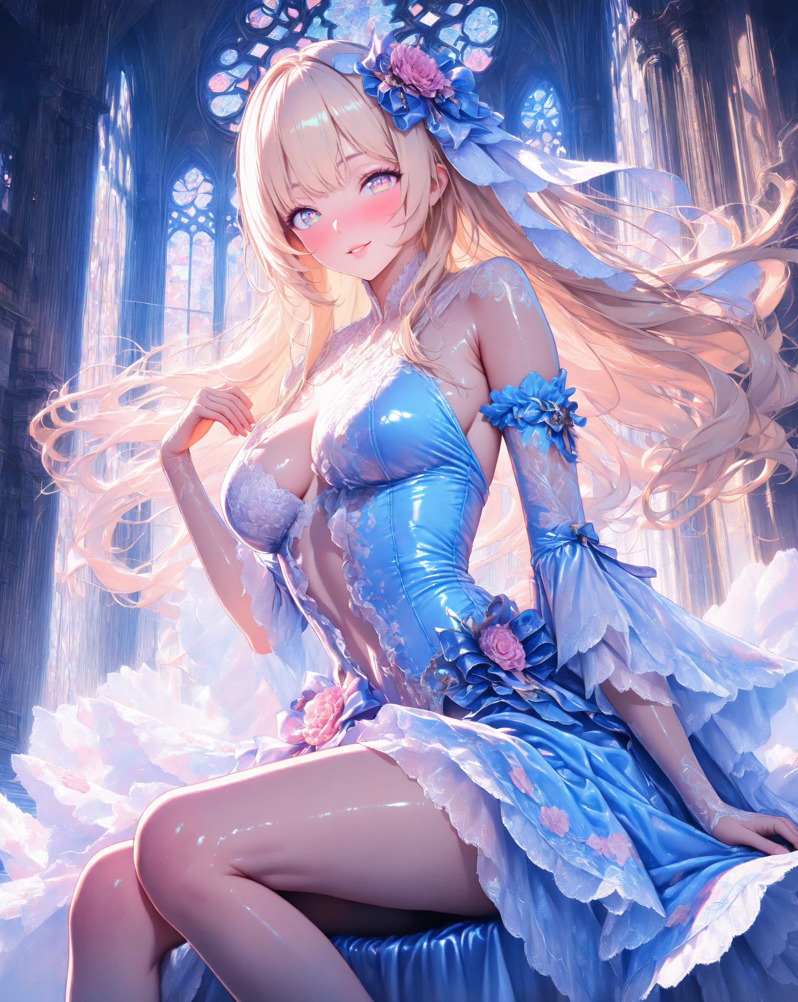 (((depict young pure girll))), (((top-quality, masterpiece))), ((lace lingerie)), ((cute white lingerie with lot of details)), (((light blue ribbons on lingerie))), straight blond hair, deep blue eyes, (small breasts), nice hips, open shoulder, (Masterpiece, Excellent, complex details), delicate girl, delicate face, pure, light, happy smille