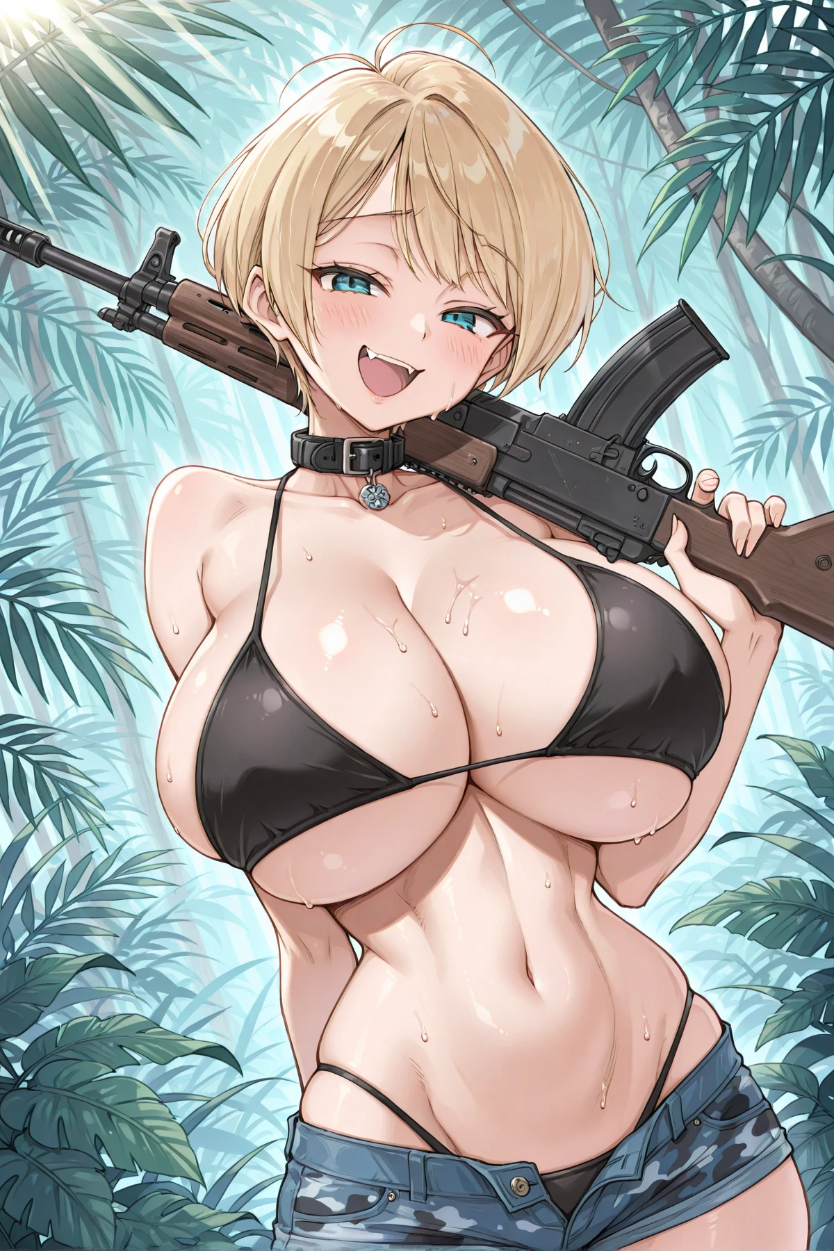 Yellow-green messy short hair、Yellow-green eyes、Big Breasts、Black Micro Bikini、Sweaty、Accentuate your breasts、Put the gun between your chest、smile、Ready your gun?