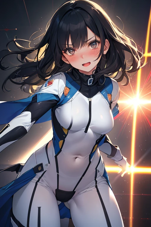 Screenshot Boku no Hero Academia.white skin woman,clear brown eyes,wavy black hair with some blonde highlights and bangs.Her Beauty is unreal and she has a perfect body. He wears a blue and black hero suit and has a happy expression.