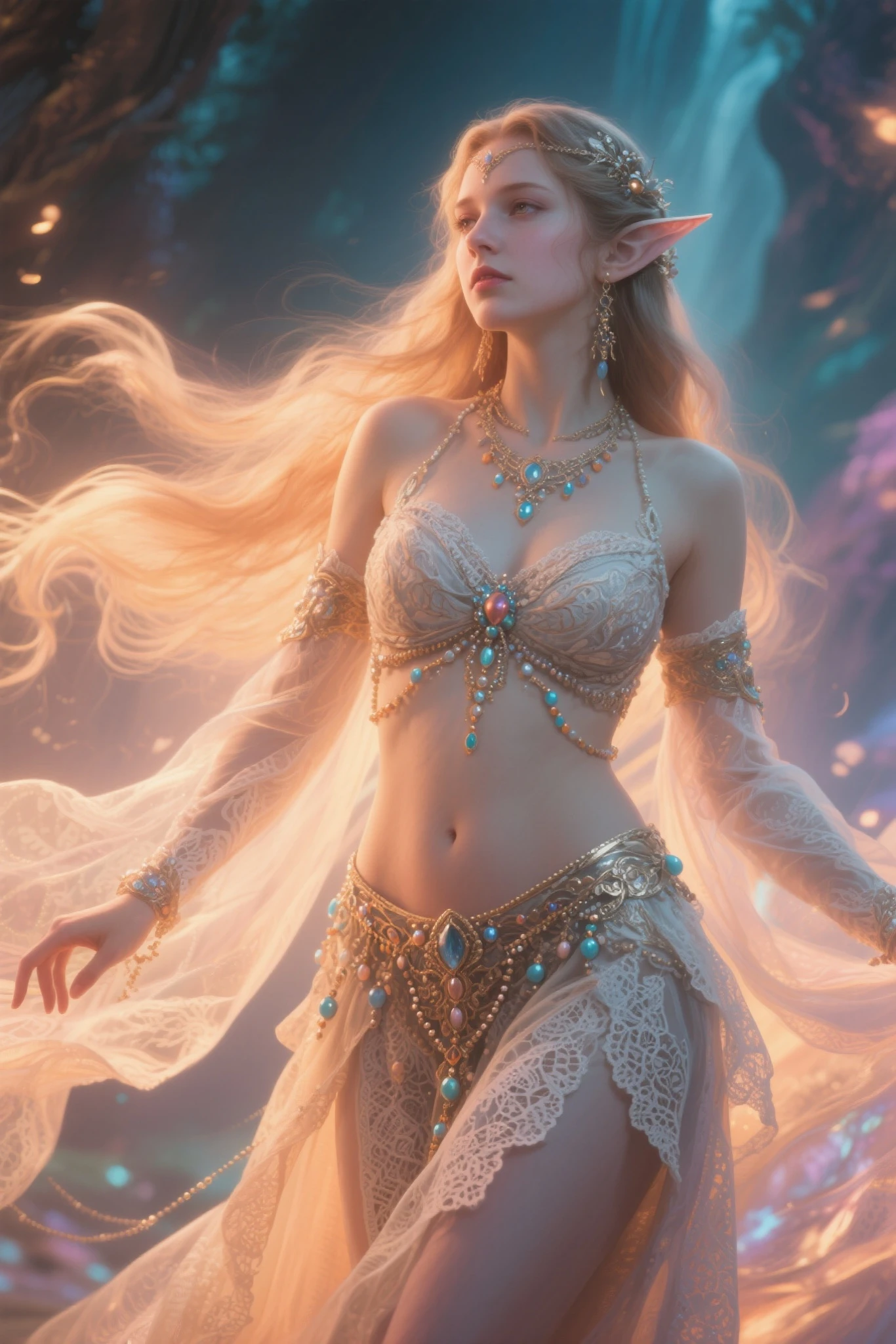 a remarkable and vivid depiction evoking both awe and melancholy, this image captures the essence of a high elven archer. intricately decorated outfit, short skirt, playful body manipulations, divine proportion, non-douche smile, gaze into the camera, it showcases the lady's ethereal beauty, her luminous silver hair cascading in gentle waves, adorned with delicate pearls that shimmer like stars in the night sky. holographic shimmer, Whimsical lighting, Enchanted ambiance, Soft textures, Imaginative artwork, Ethereal glow, Silent Luminescence, Whispering Silent, Iridescent Encounter, vibrant background, by Skyrn99, full body, (((rule of thirds))), high quality, high detail, high resolution, (bokeh), backlight, long exposure:2