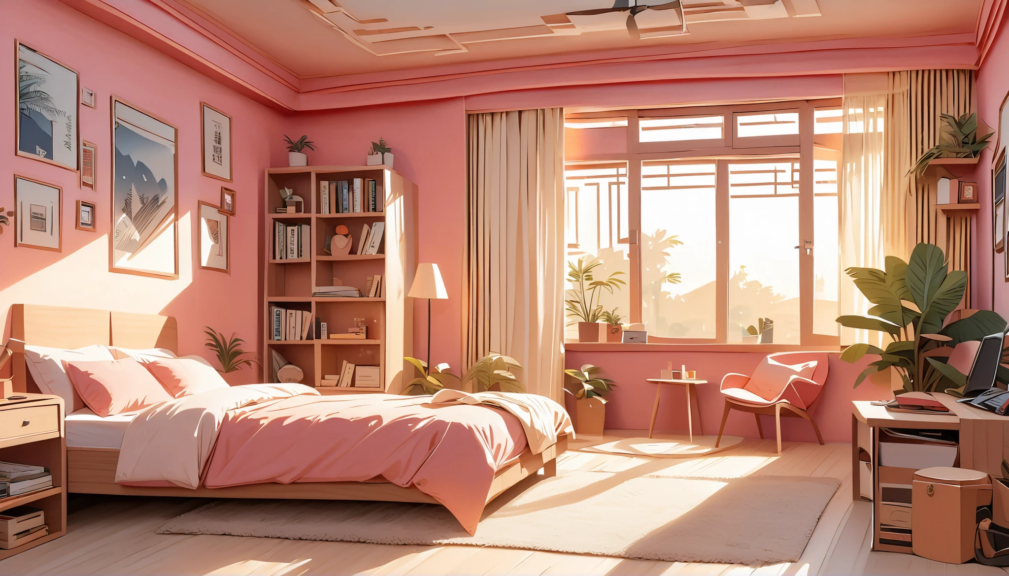 inside of a metal music lover agers room, there is a bed, radiant evening light