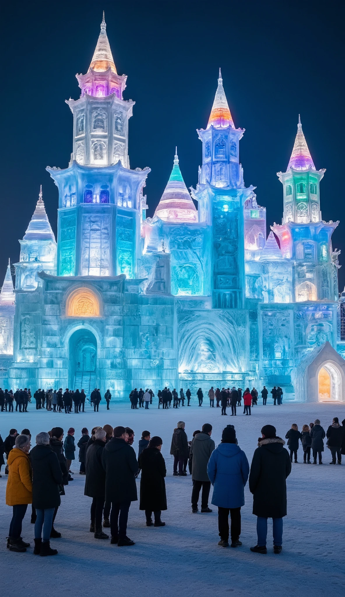 highdefinition images、Ice Festival in Harbin, China、The Forbidden City made of ice shines brightly with seven colored lights、Many People Are Watching、Ice Art.