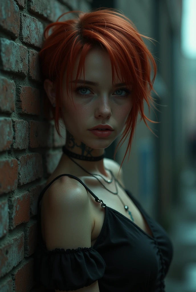 Beautiful eyes, (croptop), (black jeans), (full arm tattoo), illustration, (shop background) ((masterpiece)), (best quality), ((ultra-detailed)), beautiful detailed eyes, (wampire), ((modern landscape)), (original, highres), realism, semi-realism, (overexposure, illustration, ambient light), (beautifully detailed), (ultra-detailed), (light-shadow_symmetry:1.3), smooth, (perfect shading), (perfect rendering), (dynamic angle, natural pose), ((good anatomy)), (smile), demonic aura, (luscious ginger hair), (hair over one eye), (detailed face), ((intricate face)), smile, depth of field, dynamic from above, cinematic lighting, (photorealistic), (sharp-focus)
