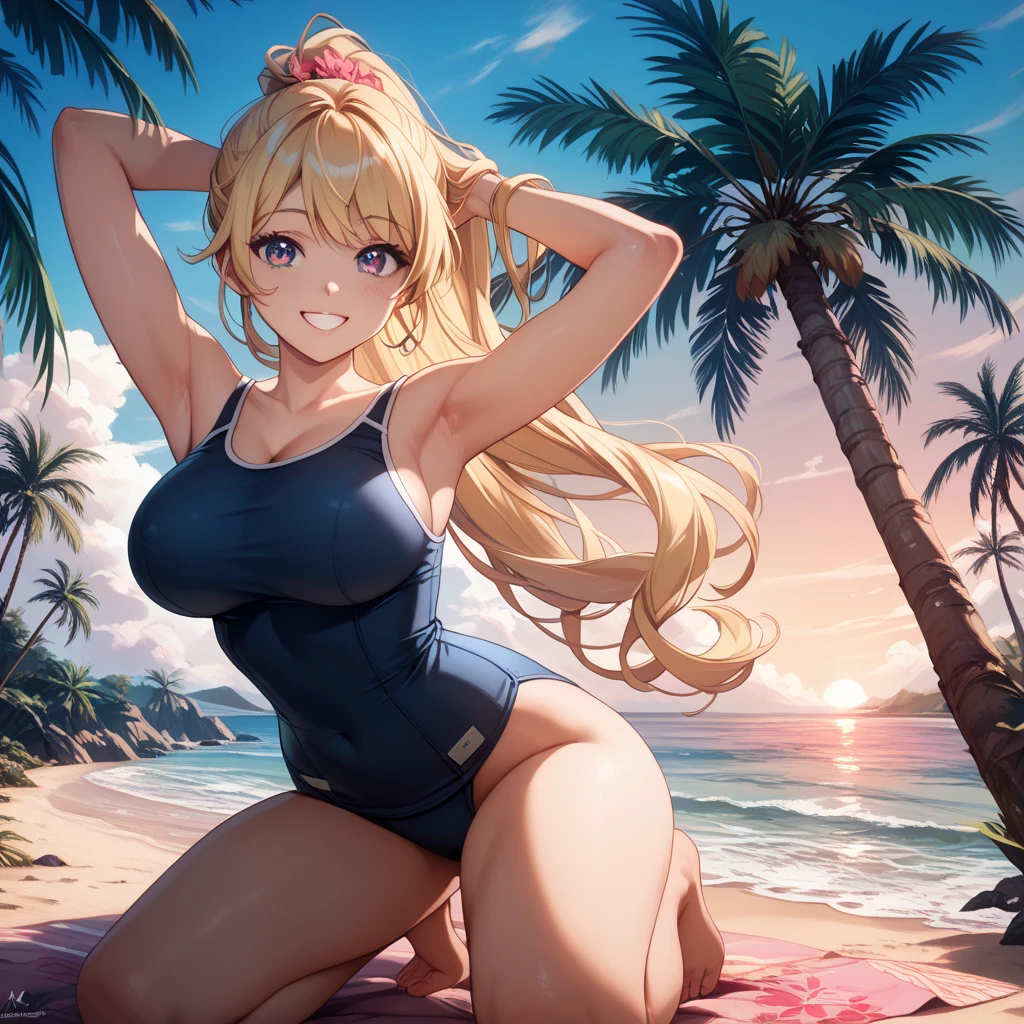 Tanned woman in a swimsuit standing on the beach、Long Hair,Blonde Hair、Illuminated by the setting sun,Beautiful sunset,Smiling at the viewer、Big Breasts、,Arms behind head、Fluttering Hair、