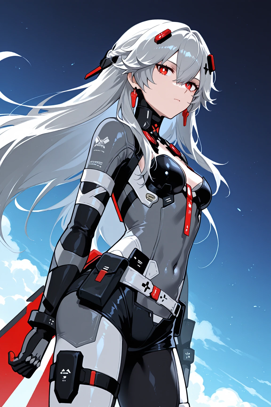 score_9, score_8_up, source_anime, solo, three-quarter portrait, portrait, red lightning, dark forest, sunset, black sclera, blue flaming eye,
ponytail, white hair, gradient hair, hair ornament, heterochromia, red eyes, blue eyes, goggles, goggles around neck, white coat, sports bra, single prosthetic arm, black pants, thigh strap, single-leg pantyhose, standing, bandaged arm
<lora:crimsonweave-step00003000:1>