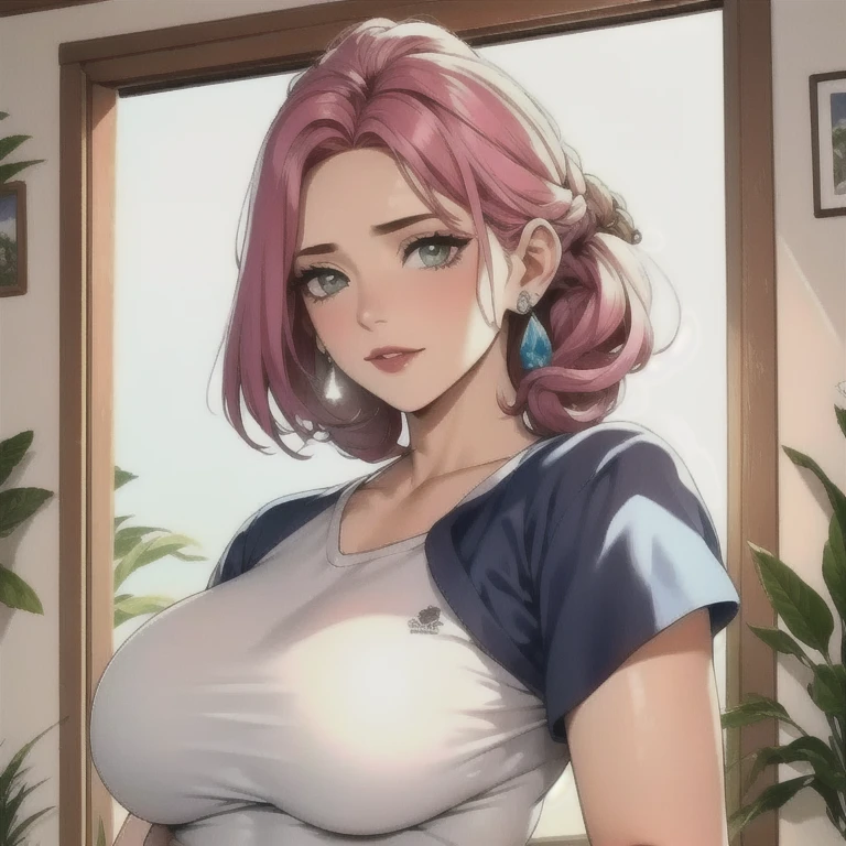 (best quality:1.5, highres, UHD, 4K, detailed lighting, shaders), (high quality eyes), ( perfect fingers), curly floral haired, gradient hair, large breasts, suit, gray shirt, social shirt, short skirt, mature woman , (pov), white background, colorful eyeshadow, dramatic lighting, sparkling eyes, sensual expression, golden earrings, delicate facial features, soft skin, high cheekbones, urban setting, white background, dont look for the camera, lean forward, behind the camera, full body