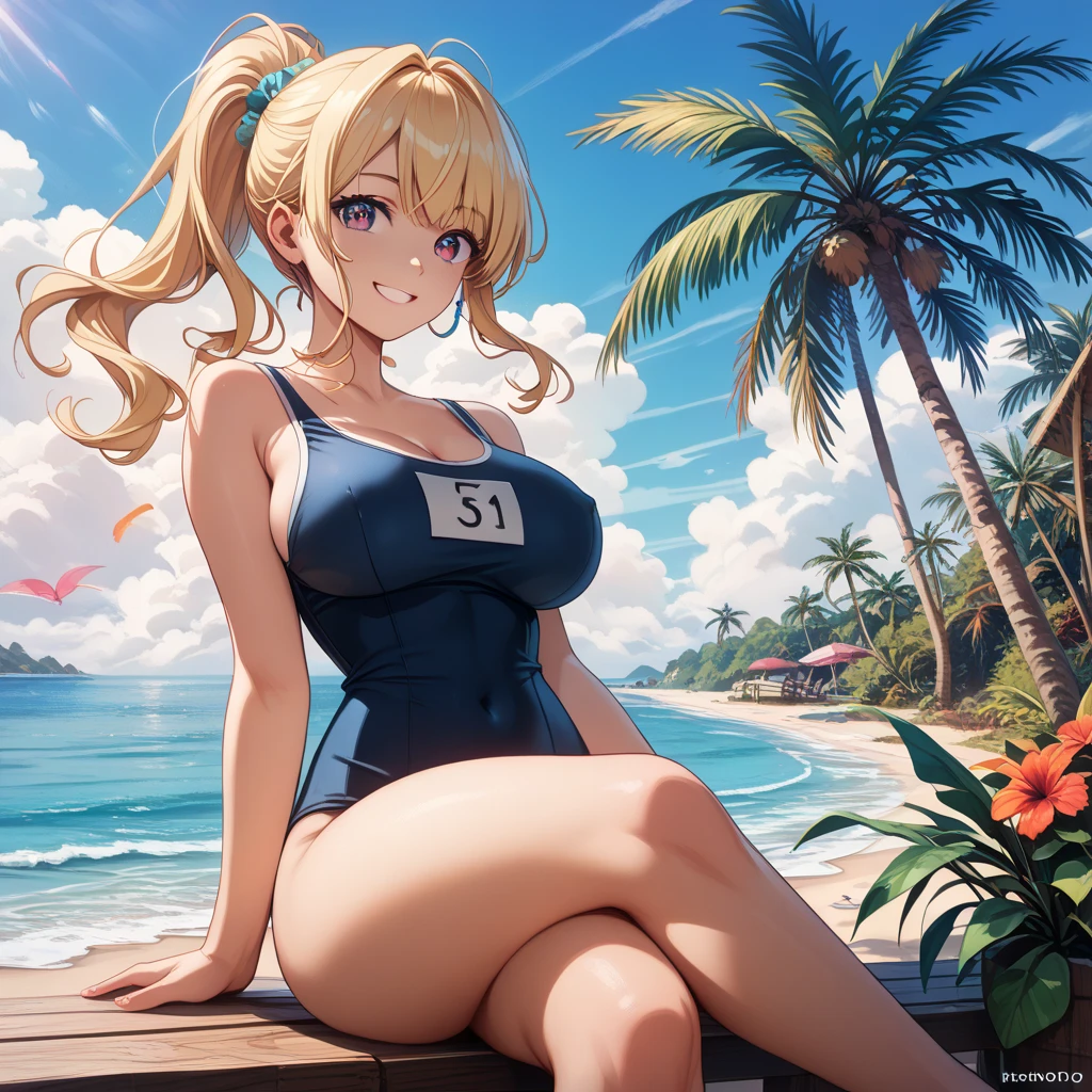 ((Highest quality、、masterpiece:1.3)), Upper Body、Long legs、Sharp focus:1.2, Beautiful woman with perfect figure:1.4、((Big Breasts:1.2)), (Smiling:1.2), Face and skin texture crafted to the smallest detail、Fine-grained、double eyelid、30-year-old female、sexly、((((Swimwear、Poolside))))、Blue Eyes,(((Close your mouth、Standing posture)))