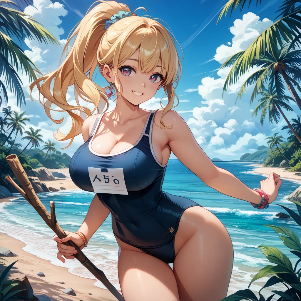 (best quality,master part:1.2),soio,1girl,detailed red swimsuit,blonde hair,seios grandes,Praia,areia,mar azul,clear sky,cores vibrantes,luz solar suave,Brisa fresca,atmosfera relaxante,vista deslumbrante,Reflections on water,Conchas,dedos arenosos,gaivotas voando,Conchas,sunhat,summer vibes,momento sereno,tranquilidade,Horizonte sem fim,tropical paradise,Guarda-sol,cadeira de praia,peaceful waves,shining waters,bebida fresca,toalha de praia,palmeiras exuberantes,tropical backdrop,exotic getaway