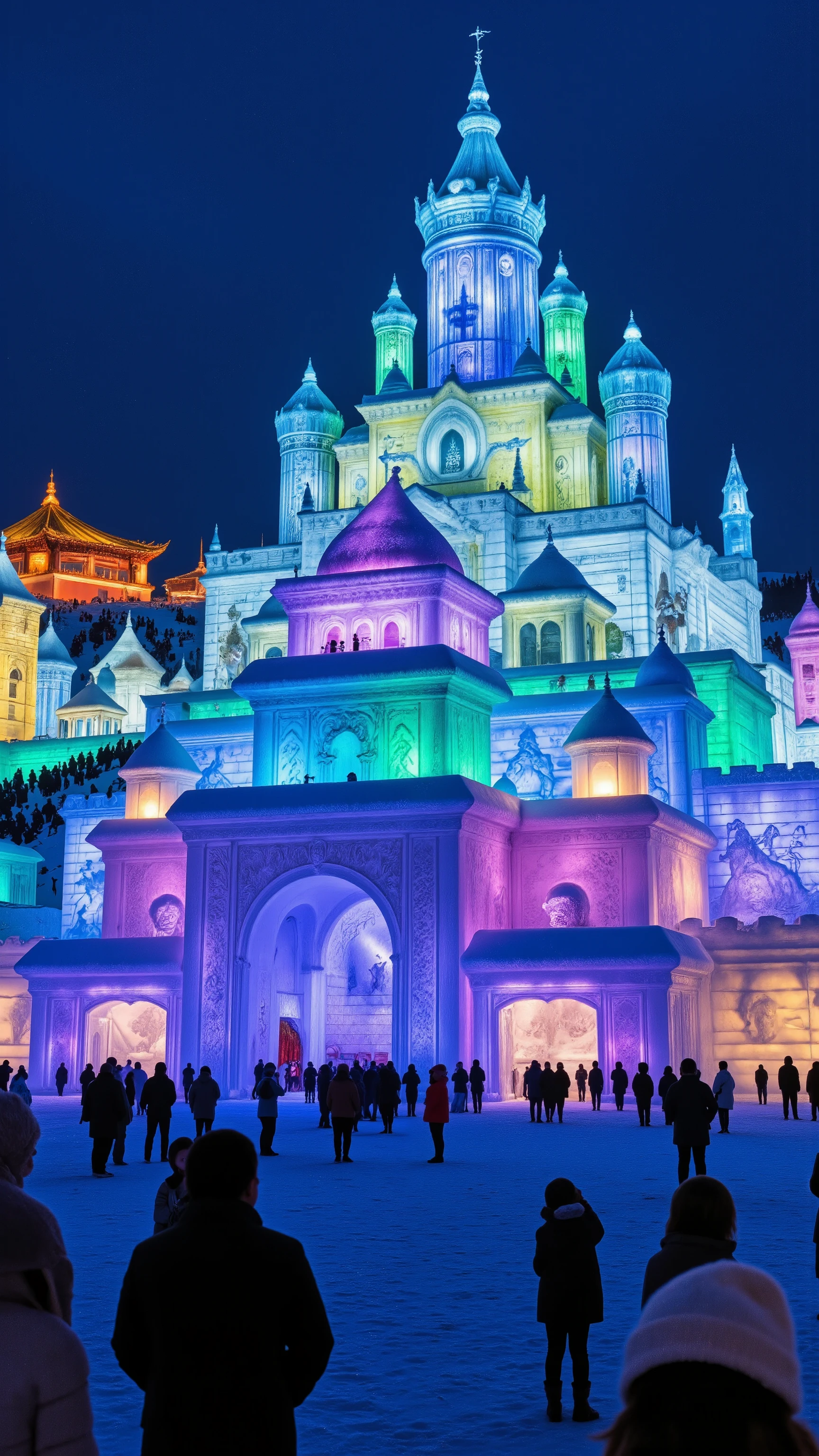 highdefinition images、Ice Festival in Harbin, China、The Forbidden City made of ice shines brightly with seven colored lights、Many People Are Watching、Ice Art.