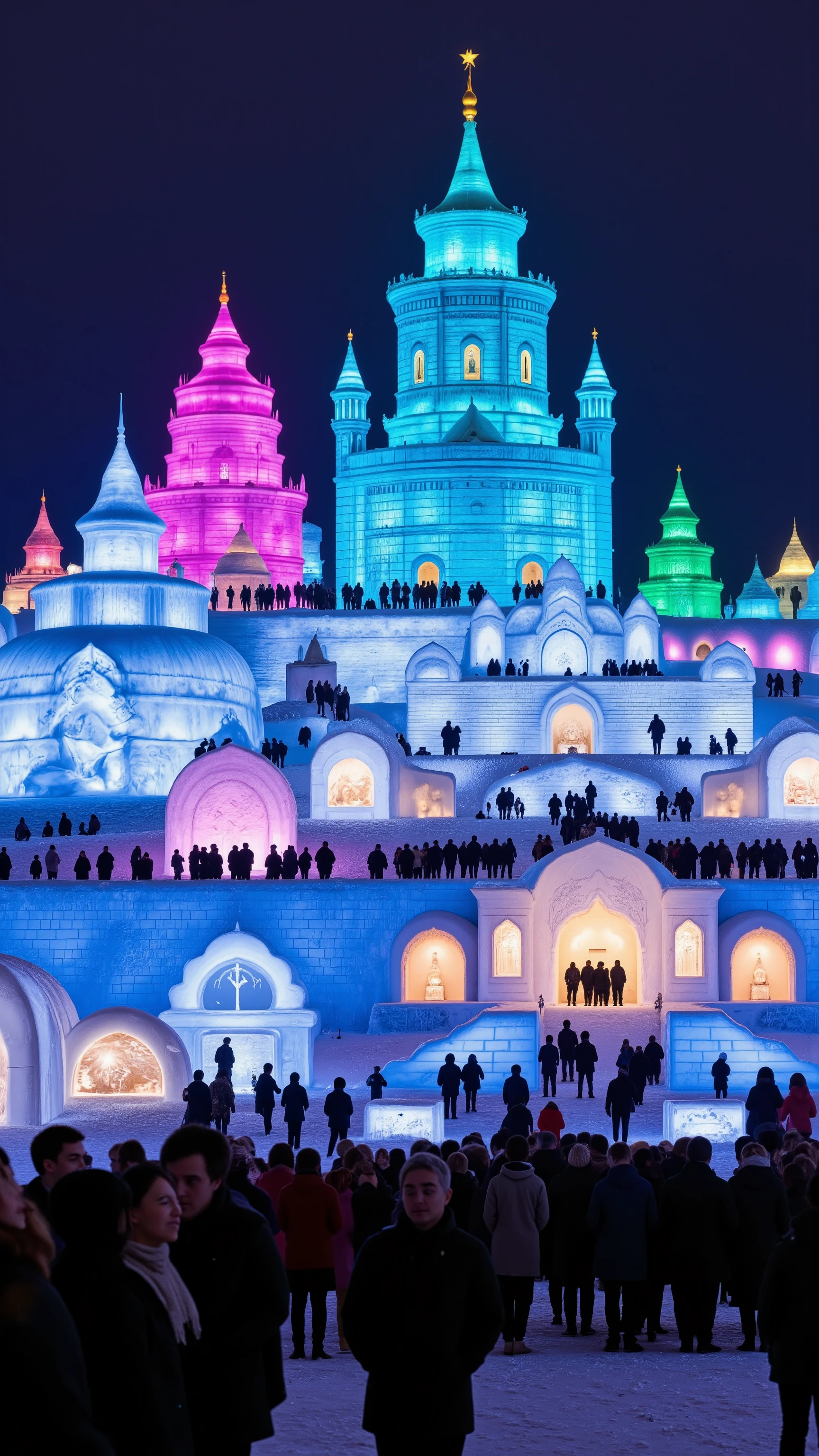 highdefinition images、Ice Festival in Harbin, China、The Forbidden City made of ice shines brightly with seven colored lights、Many People Are Watching、Ice Art.