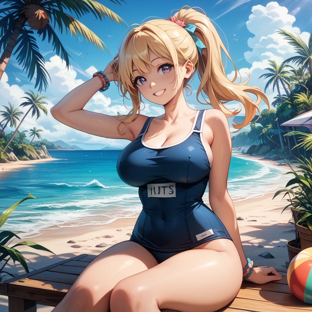 ((шедевр))、((Top image quality))、((Top image quality))、(Illustration of one woman)、Whole human body、((Thirty year old))、((neuter))、((Blonde twintails))、Light golden eyes、((tall))、((Muscular and strong body))、((Muscular and strong body))、((Split abs))、((muscular and thick arms))、((muscular and thick legs))、((manspreading))、opening legs、((Competitive swimsuit))、Sitting on a deck chair、in poolside