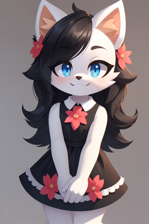 kenny \(kenashcorp\), 1girl, (panda, panda girl,), furry, panda ears, heart ahoge, animal nose, black fur, white fur, black arms, eyes makeup, blue eyes, panda tail, cheek heart, black hair, medium hair, black and red dress, black thighhighs, smile, arms behind head, simple background, pink background <lora:Kenny_Ashcorp:1>,
