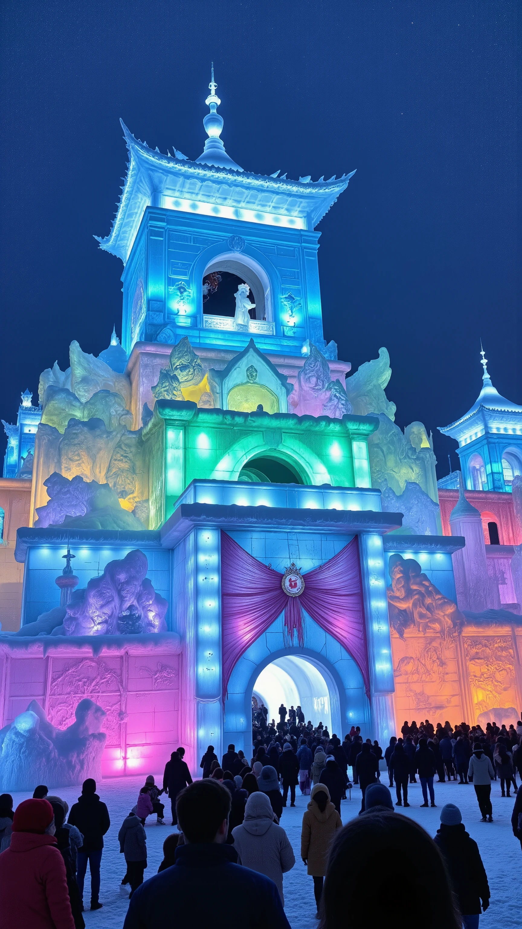 highdefinition images、Ice Festival in Harbin, China、The Forbidden City made of ice shines brightly with seven colored lights、Many People Are Watching、Ice Art.
