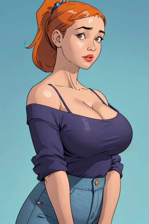 (((beautiful detailed face and extremely detailed eyes))), ,(Masterpiece,milf), 1girl, solo,(huge breast,alternative breast size,huge curvy,thick thighs), (very short hair), blue eyes,red hair, sourire, full body, (((lois griffin))), blue shirt, jeans, blue eyes, earrings,