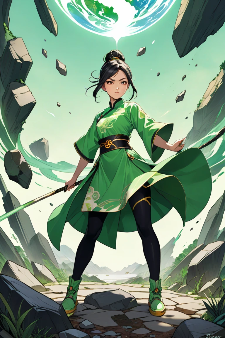 37, (1 person) (girl, (green eyes), (long black hair), green dress with white gauze, the young woman is graceful and dignified, outstanding temperament, takes the jade fragment and orders the old woman collect more) (Background: outside the cave, in the forest)