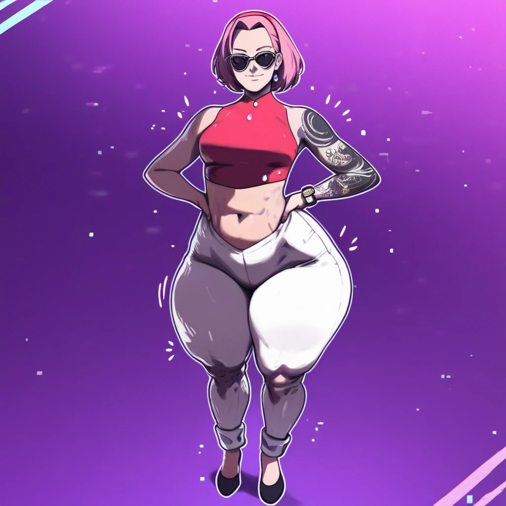 Illustration of a ((Handsome))Anime fat Femboy with a big belly , fat man, extremely face face, ((Dark skin:1.5)), (morbidly obese:1.4),(( insanely inflated hips:1.6)),((fat thighs)), ((fat butt )),( big stomach:1.5), (proportionally fat arms and legs), (huge breasts), ((bottom heavy)) ,background ( on stage at a concert), expression ( seduce, eyelids lowered, smile)(anime boy )), (((Tan skin))), (multicolored hair),((long,white hair with pink streaks )),(( hair Styled into a Bun and braided ponytail )) , ((white half jacket)) ((Skimpy white shorts)) , ((pink Crop top)),(evil aura)),((solo)) anime artstyle, anime art style, unknown artstyle, aura, accurate, 2 d anime style, , high quality anime artstyle, yandere((masterpiece, High aesthetic, high quality))