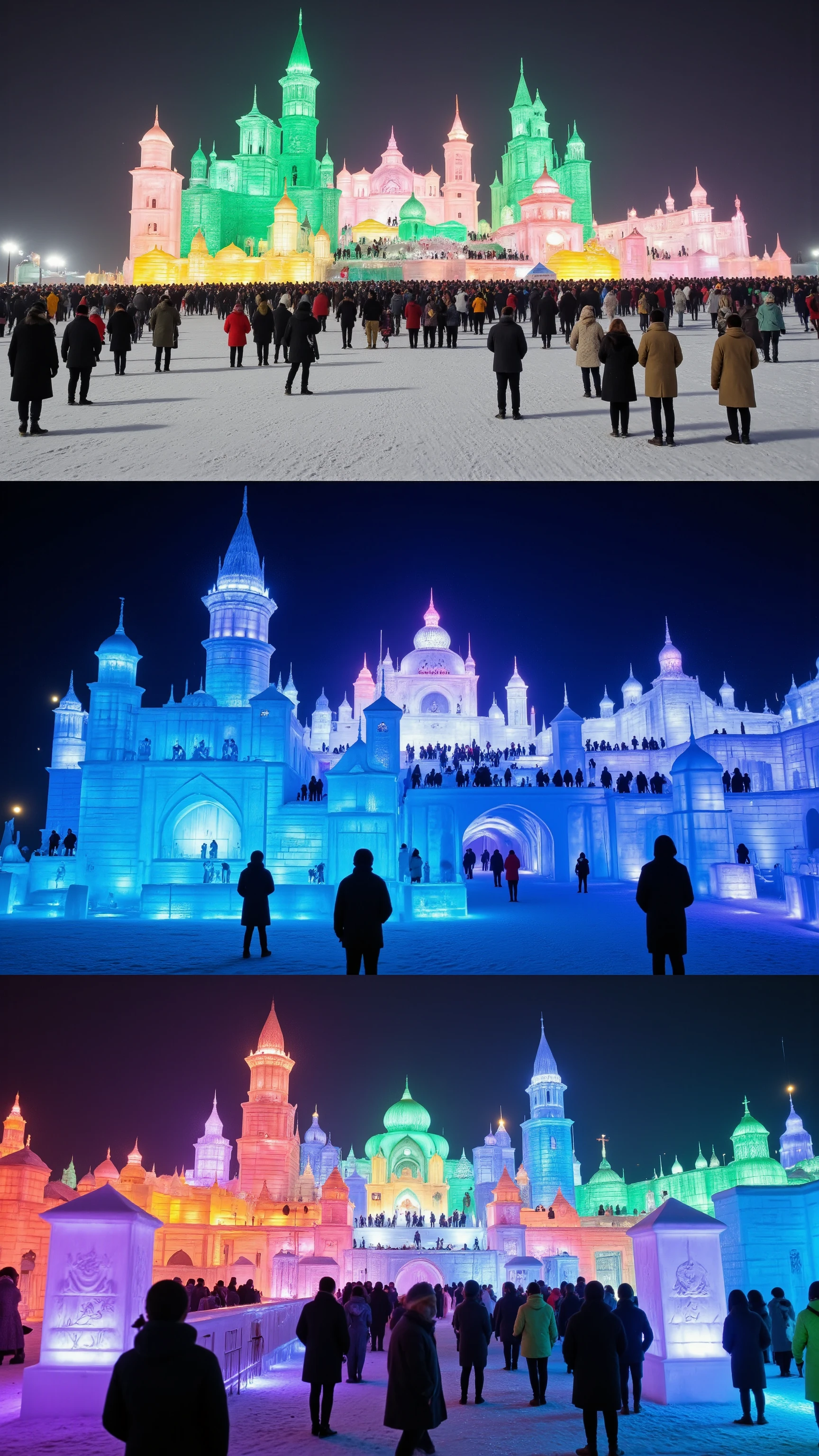 highdefinition images、Ice Festival in Harbin, China、The Forbidden City made of ice shines brightly with seven colored lights、Many People Are Watching、Ice Art.